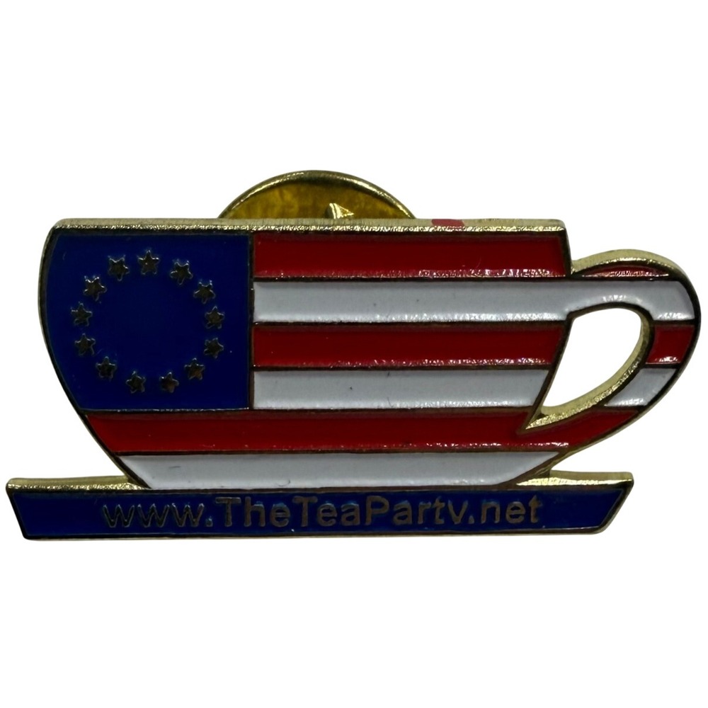 Tea Party Movement American Flag Teacup Enamel Lapel Pin Patriotic Collectible